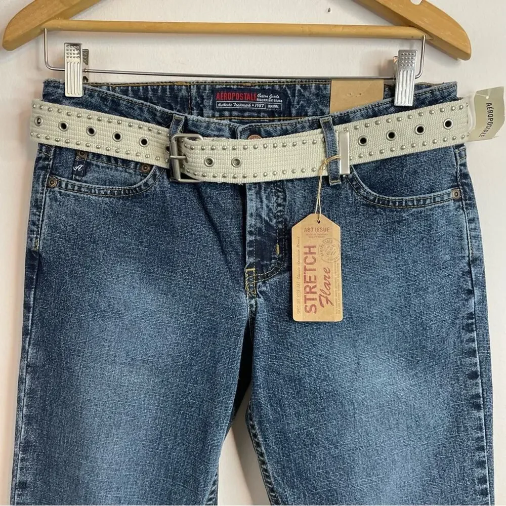 Aeropostale Vintage 90s Y2K Low Rise Stretch Flare Jeans Belt 3 4 Long tall new